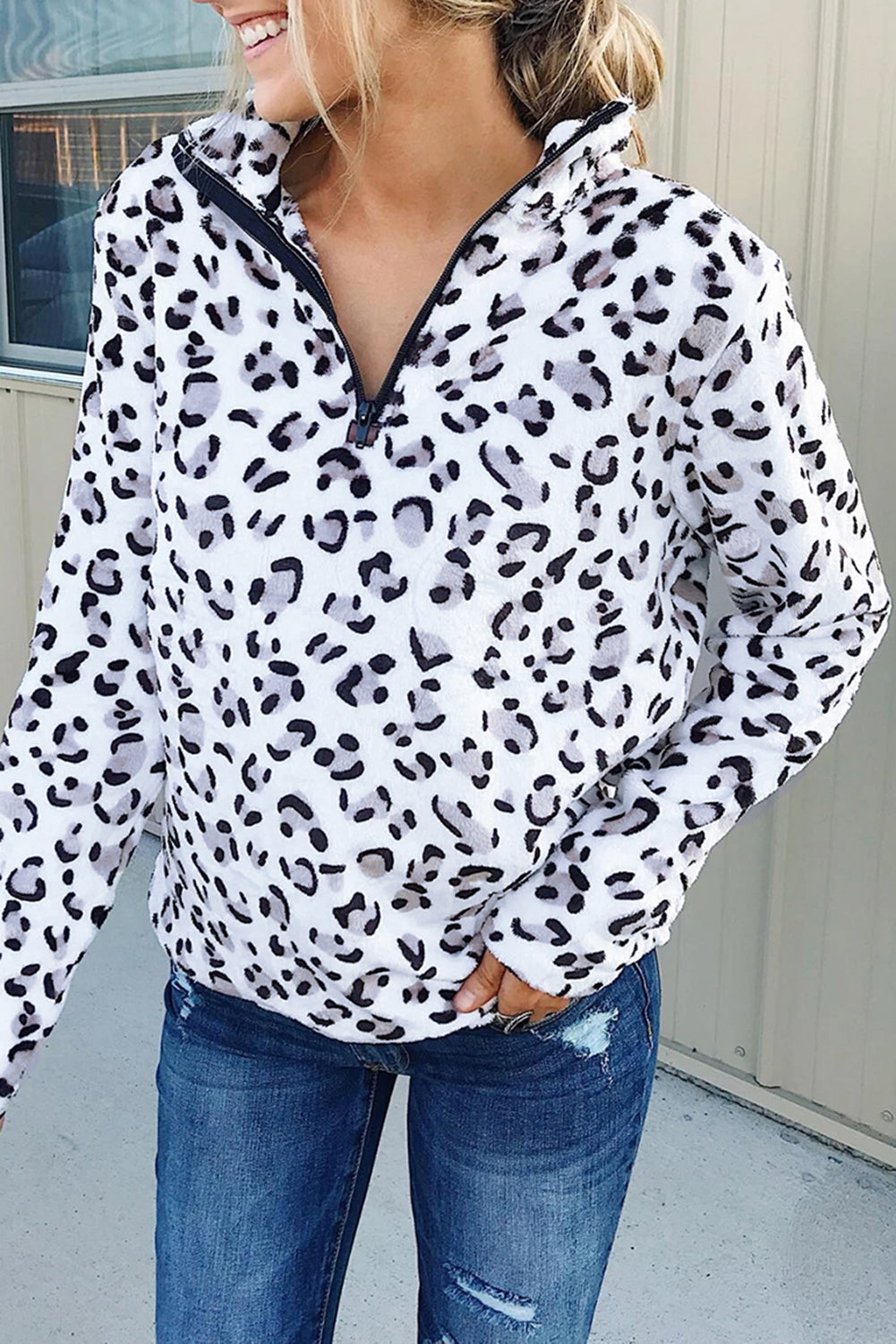 Women's Warm Quarter Zip Leopard Sherpa Pullover