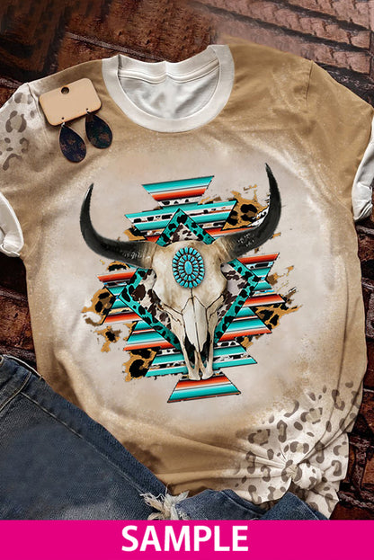 T-shirt kaki à manches courtes imprimé léopard et vache COWGIRL