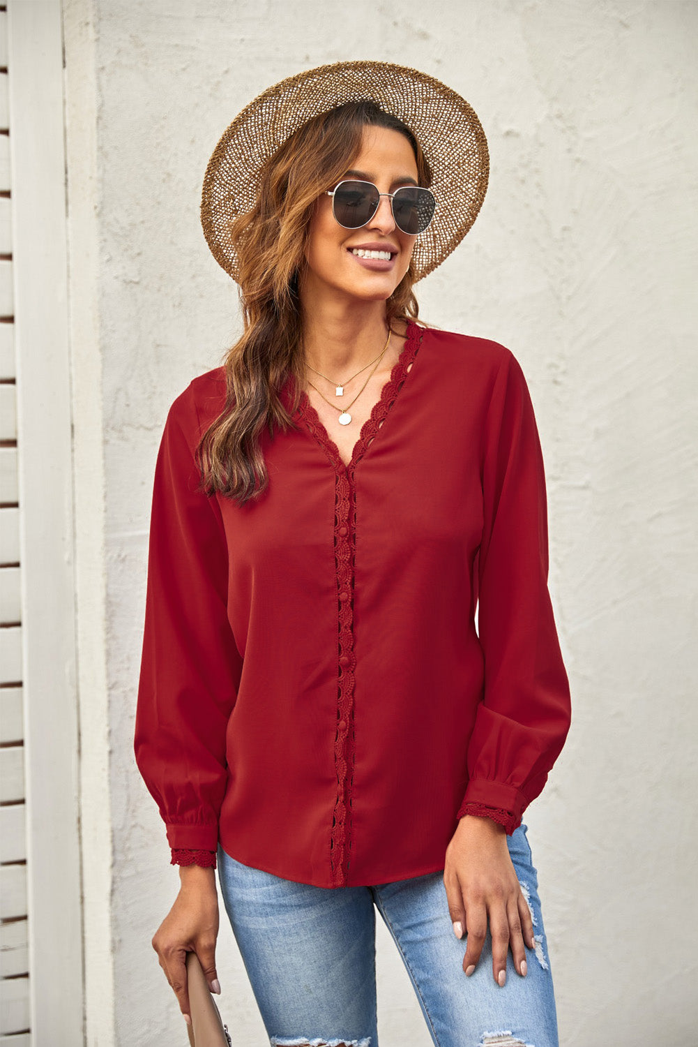 Lace Crochet Buttoned Long Sleeve Shirt