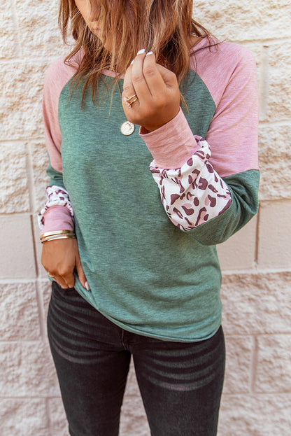 Round Neck Leopard Color Block Long Sleeve Top