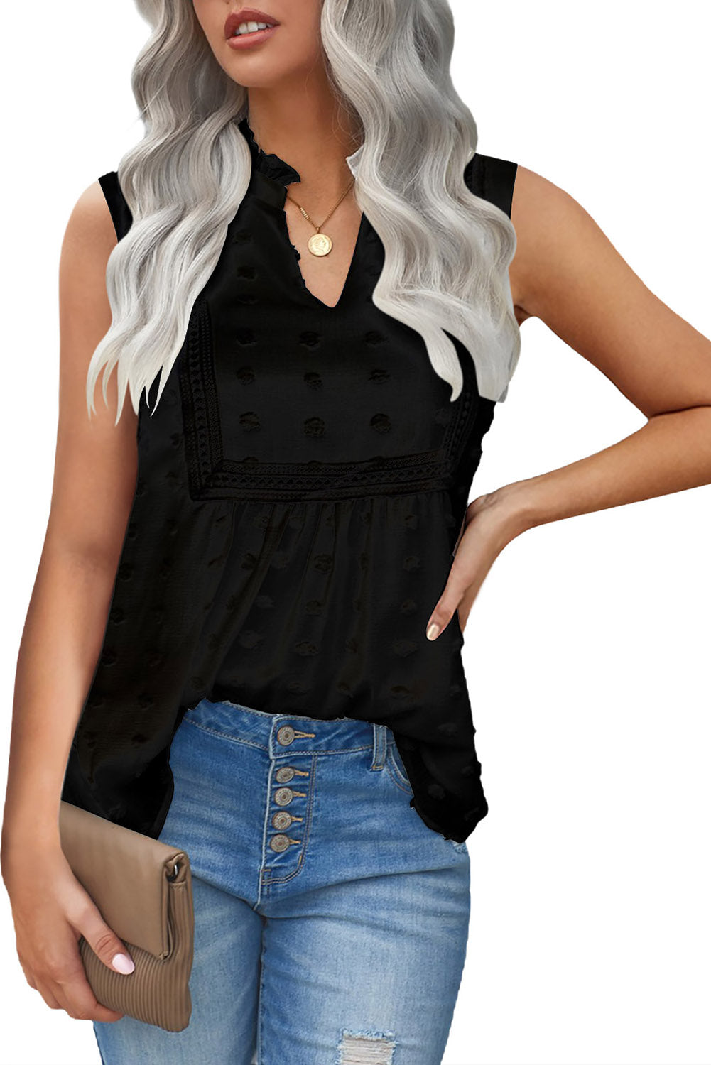 Swiss Dot Split Neck Babydoll Tank Top