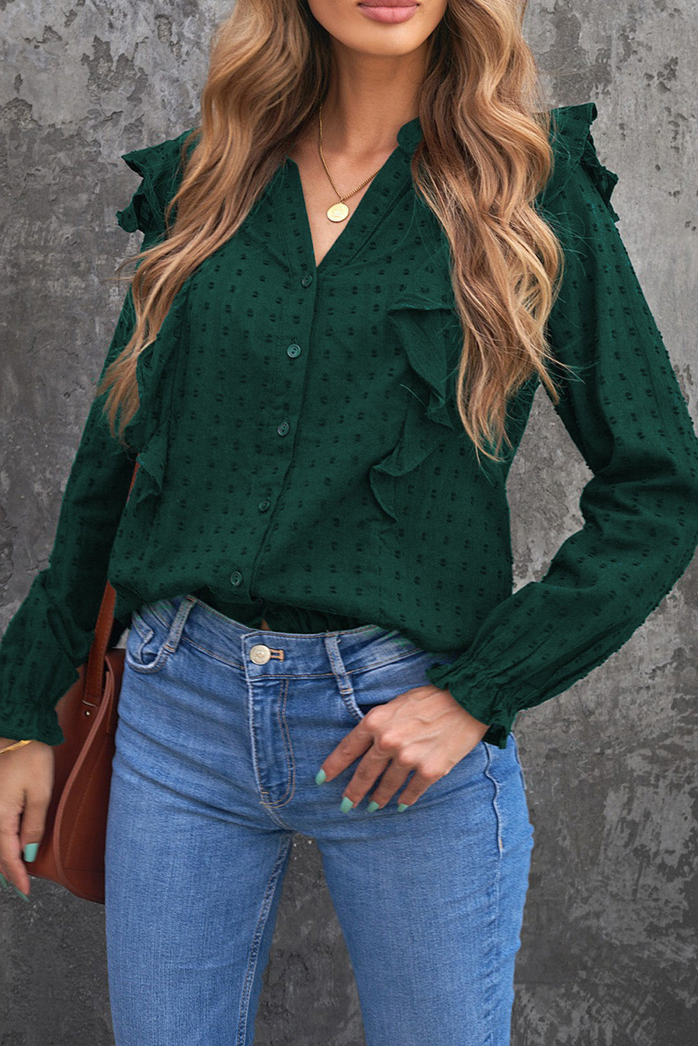 Camisa con mangas de burbujas y volantes transparentes con textura punteada