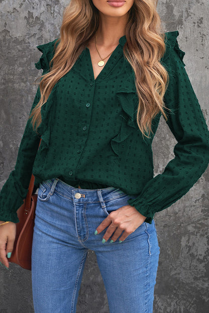 Camisa con mangas de burbujas y volantes transparentes con textura punteada