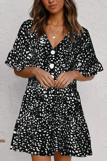 V Neck Ruffled Mini Dress with Buttons