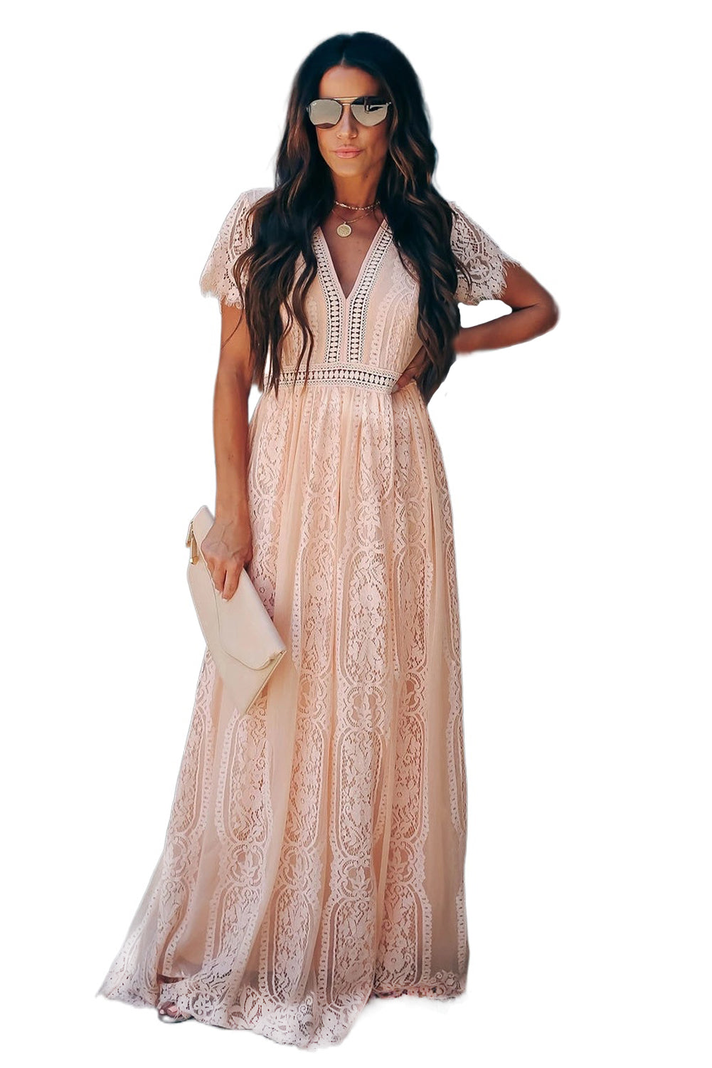 Vestido largo de encaje de manga corta con cuello en V profundo burdeos