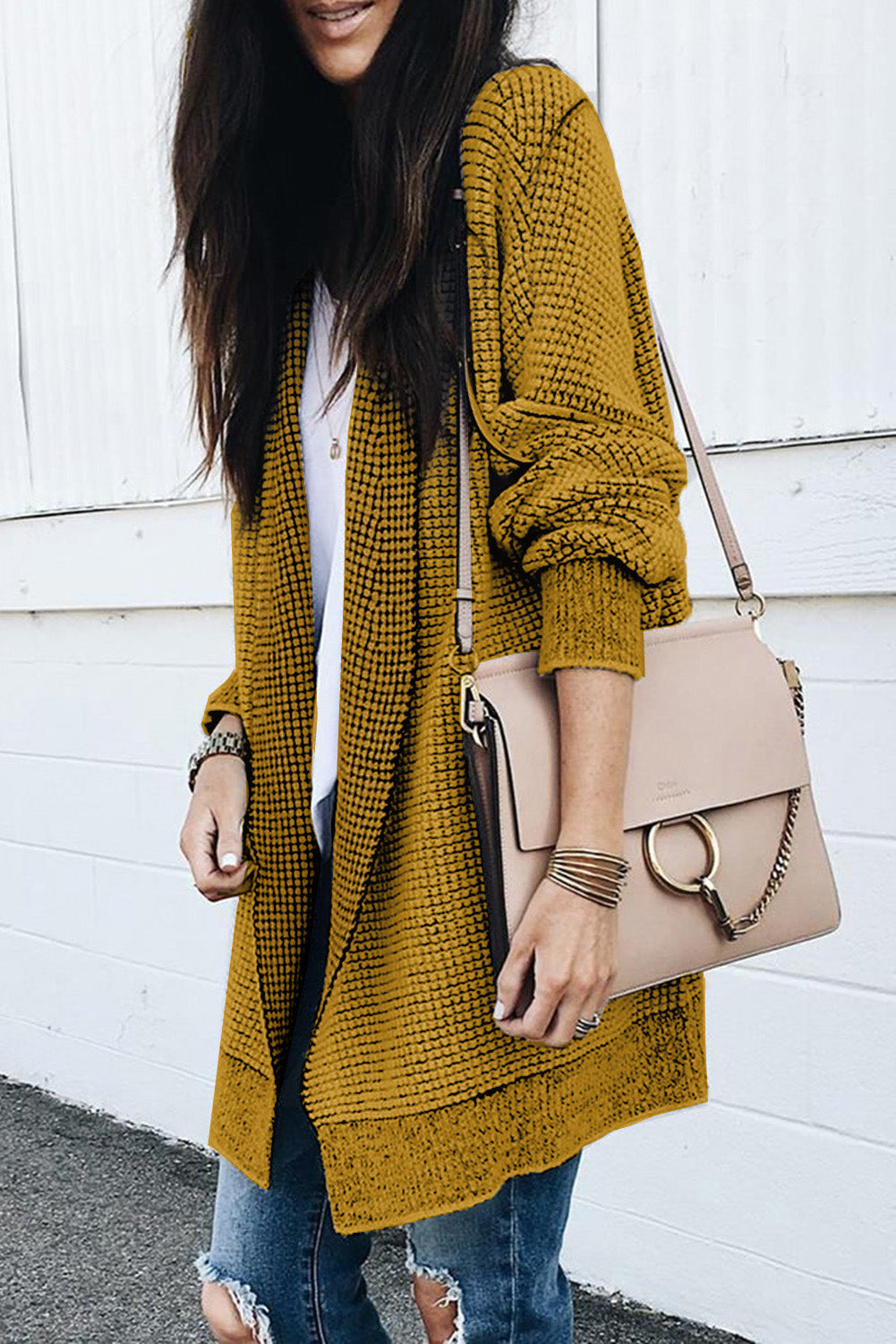 Black Plaid Knitted Long Open Front Cardigan