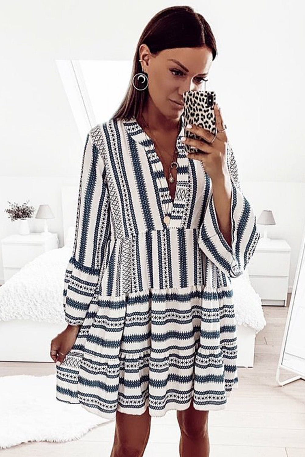 Print V neck Ruffle Swing Mini Dress