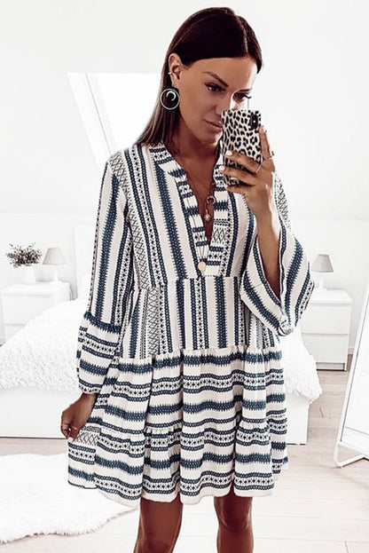 Print V neck Ruffle Swing Mini Dress