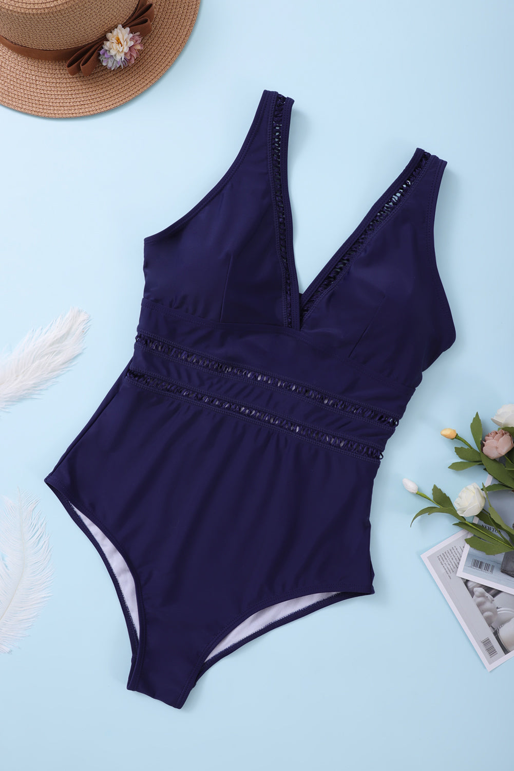 Maillot de bain une pièce plongeant à imprimé floral et treillis 