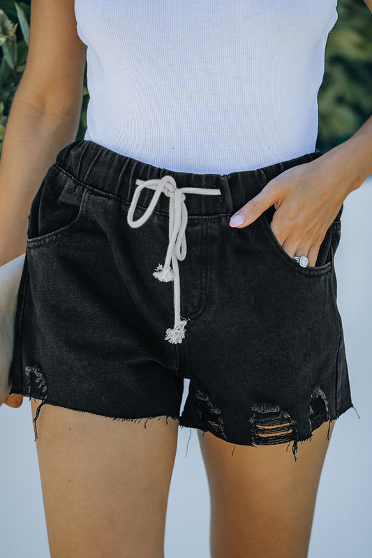 Shorts de mezclilla desgastada con cordón en la cintura elástica