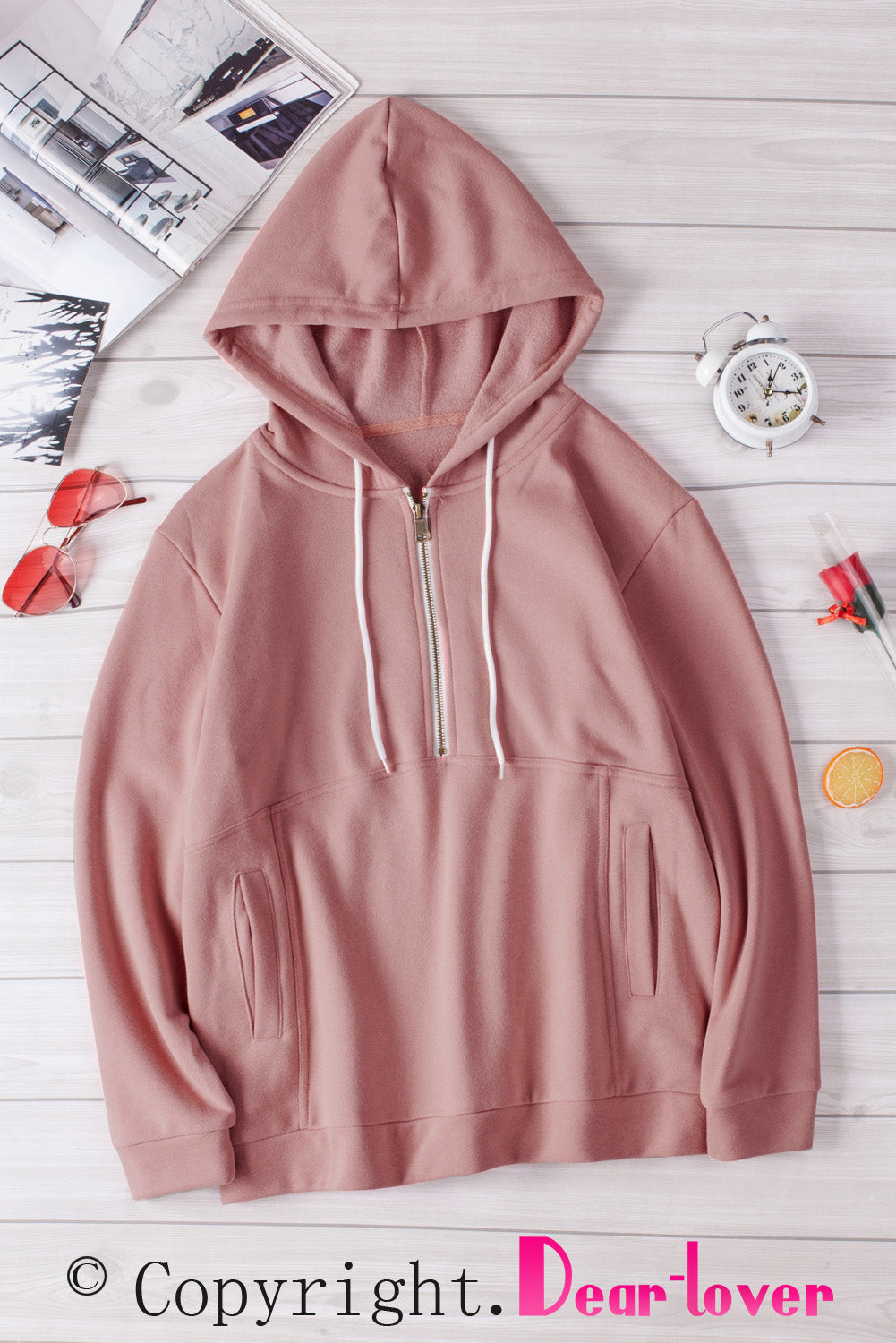 Sweat à capuche à manches longues et demi-fermeture éclair avec poche 