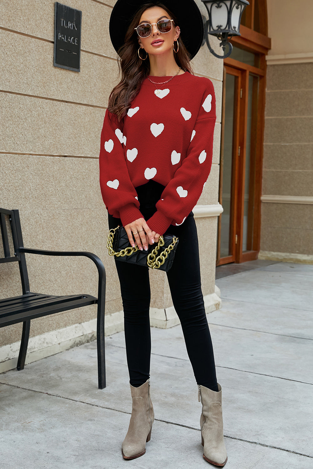 Heart Pattern Ribbed Trim Knit Sweater