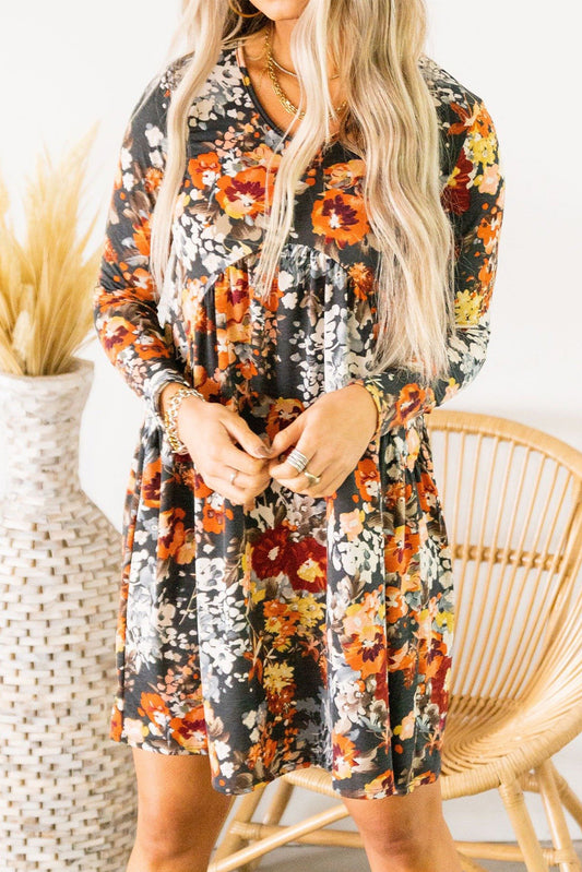 Vestido de manga larga fruncido con estampado floral