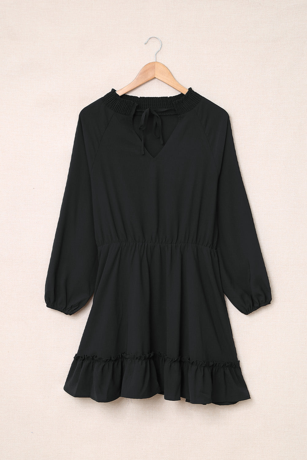 Khaki Bubble Sleeve Split Neck Ruffle Tunic Dress