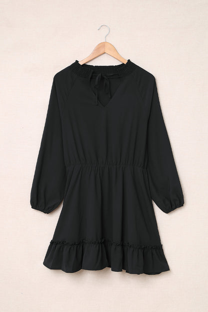 Khaki Bubble Sleeve Split Neck Ruffle Tunic Dress