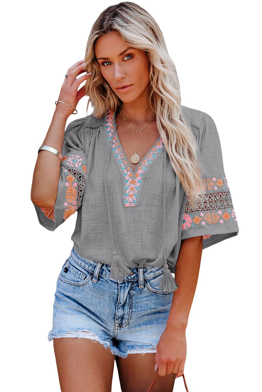 Beige Tassel Drawstring Embroidered Half Sleeve V Neck Top - HannaBanna Clothing