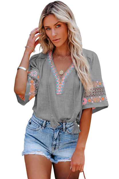 Beige Tassel Drawstring Embroidered Half Sleeve V Neck Top - HannaBanna Clothing