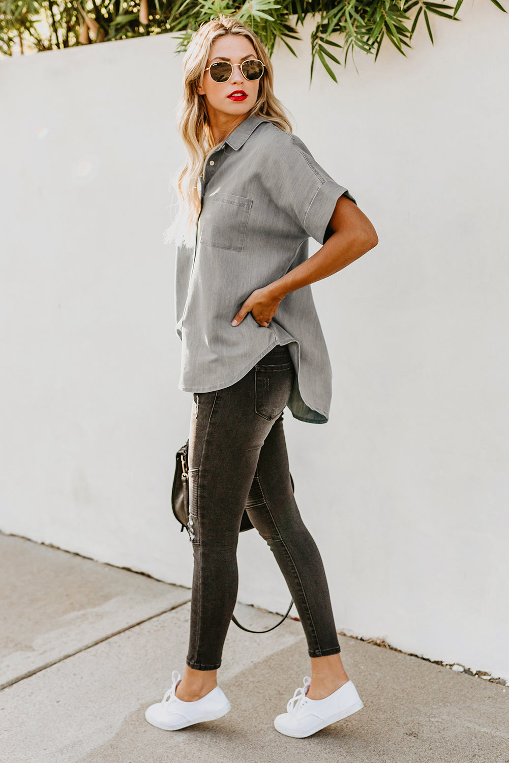 Chemise en jean à manches courtes et col rabattu 