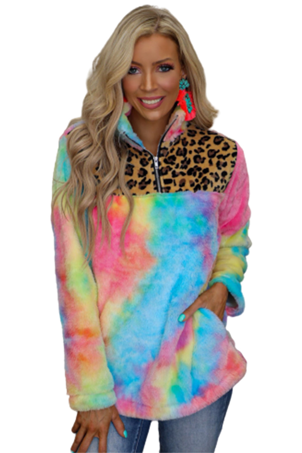 Sudadera de polar con efecto tie-dye y empalme de leopardo