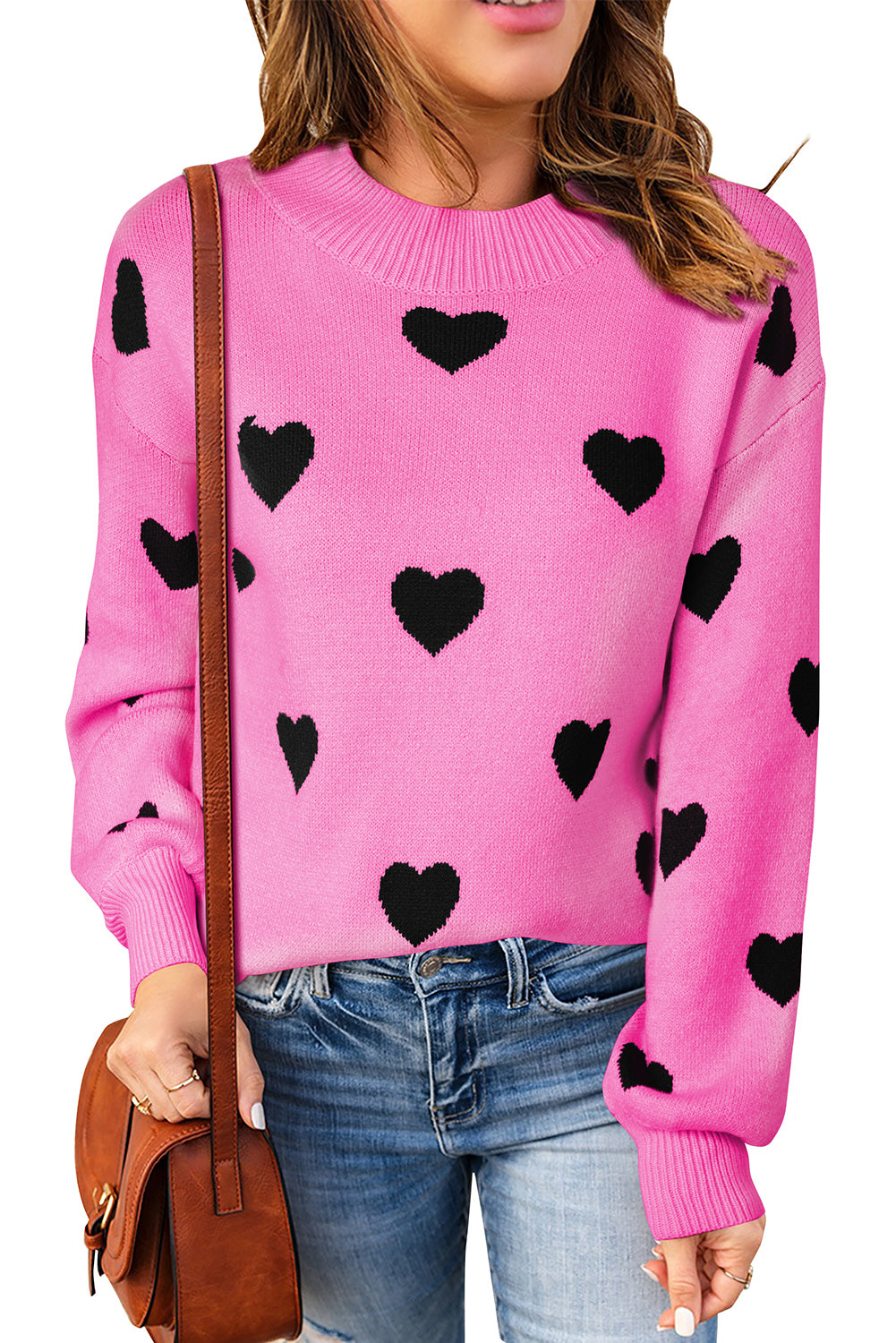 Heart Pattern Ribbed Trim Knit Sweater