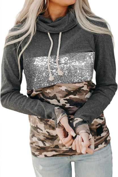 Cowl Neck Sequin Leopard Splicing Hoodie