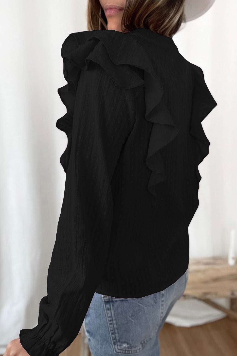 Camisa con mangas de burbujas y volantes transparentes con textura punteada