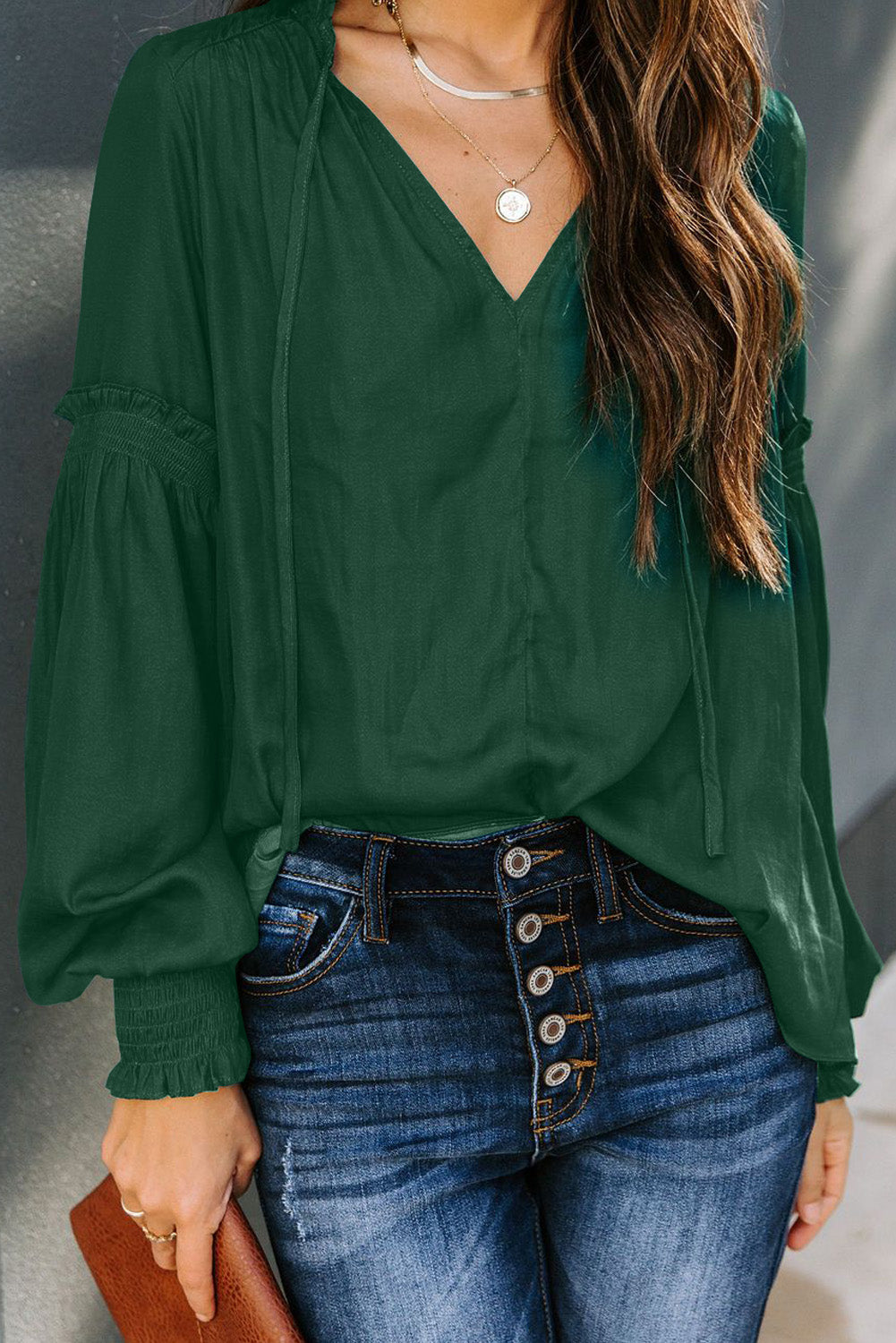 Satin V-neck Lantern Sleeve Drawstring Blouse