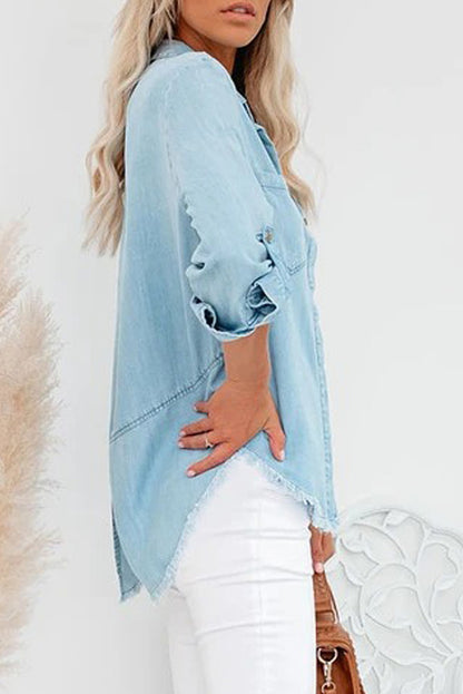 Chemise en jean à manches longues et ourlet effiloché 