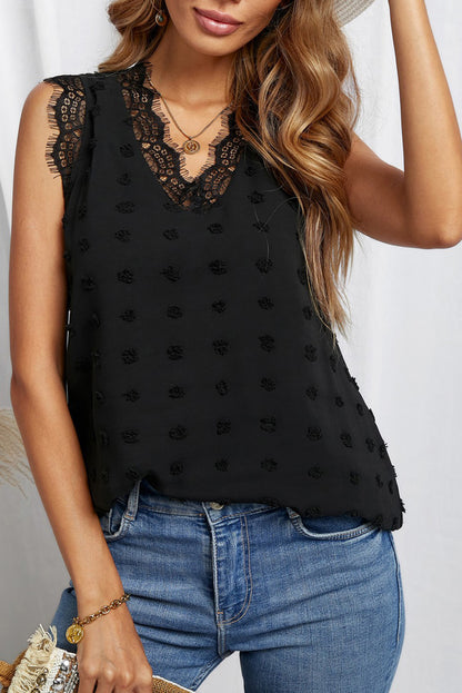 Débardeur à col en V et coutures en dentelle à pois suisses