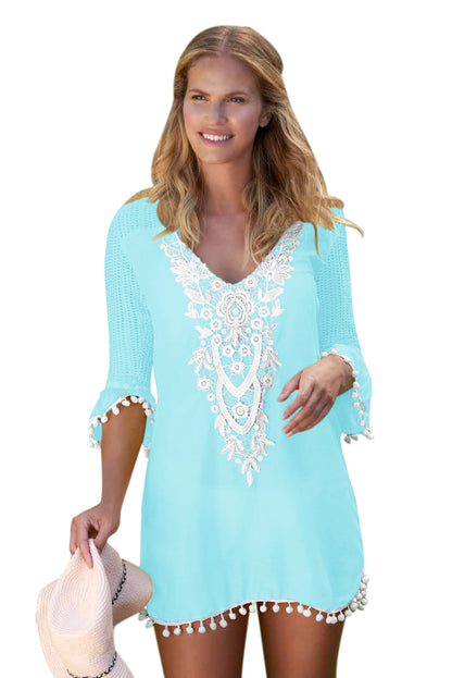 Crochet Pom Pom Trim Beach Tunic Cover up