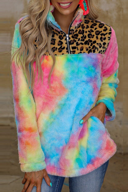 Sudadera de polar con efecto tie-dye y empalme de leopardo