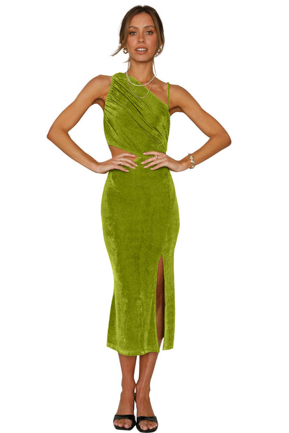 Velvet One Shoulder Sleeveless Cut out Sheath Midi Dress