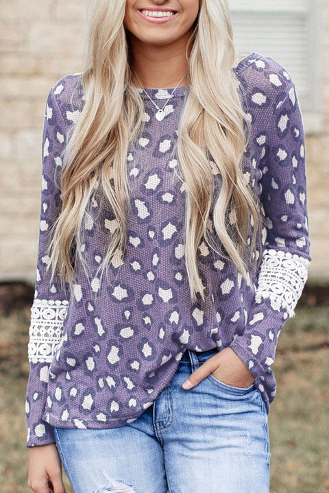 Lace Hollow-out Waffle Knit Long Sleeve Top