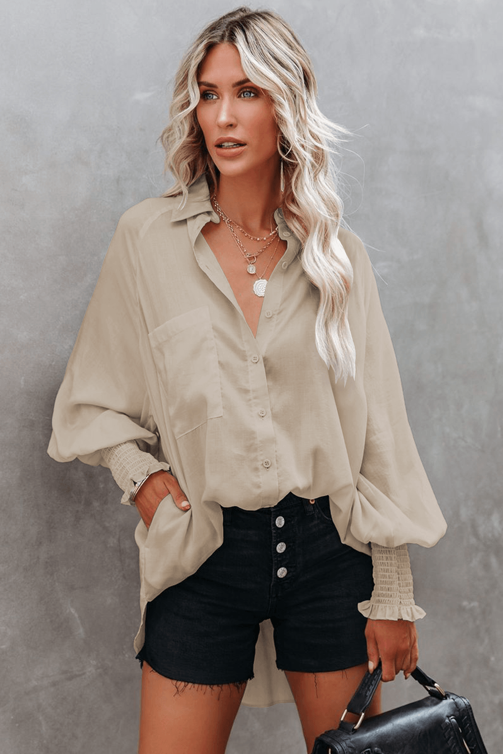Billowy Sleeves Pocketed Shirt - HannaBanna Clothing