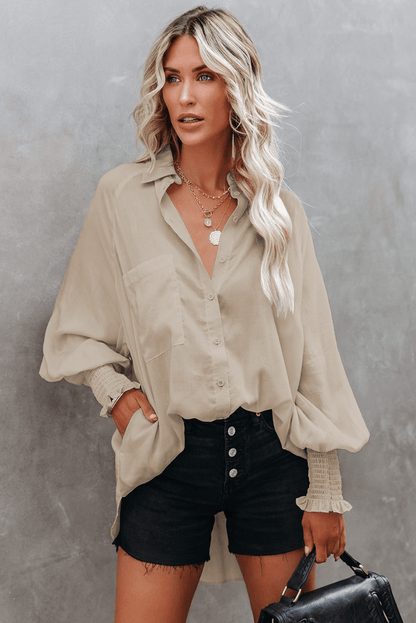 Billowy Sleeves Pocketed Shirt - HannaBanna Clothing