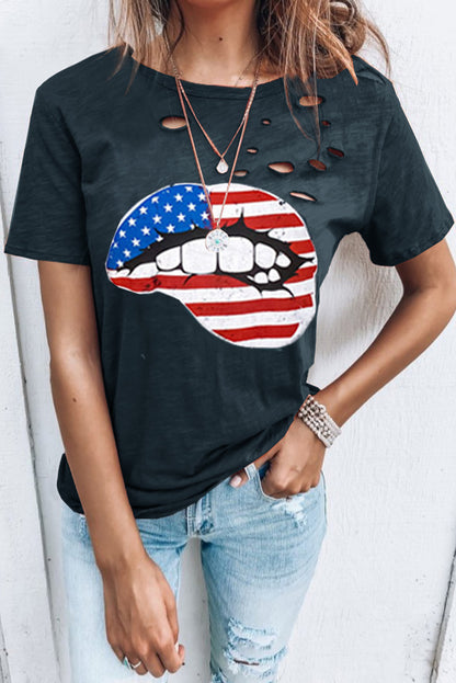 Distressed Crew Neck Leaves Pattern T-shirt