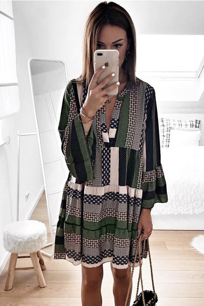 Print V neck Ruffle Swing Mini Dress