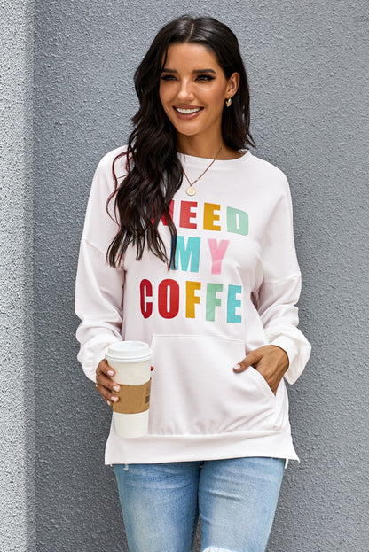Need My Coffee Pocketed Pullover White Sweatshirt