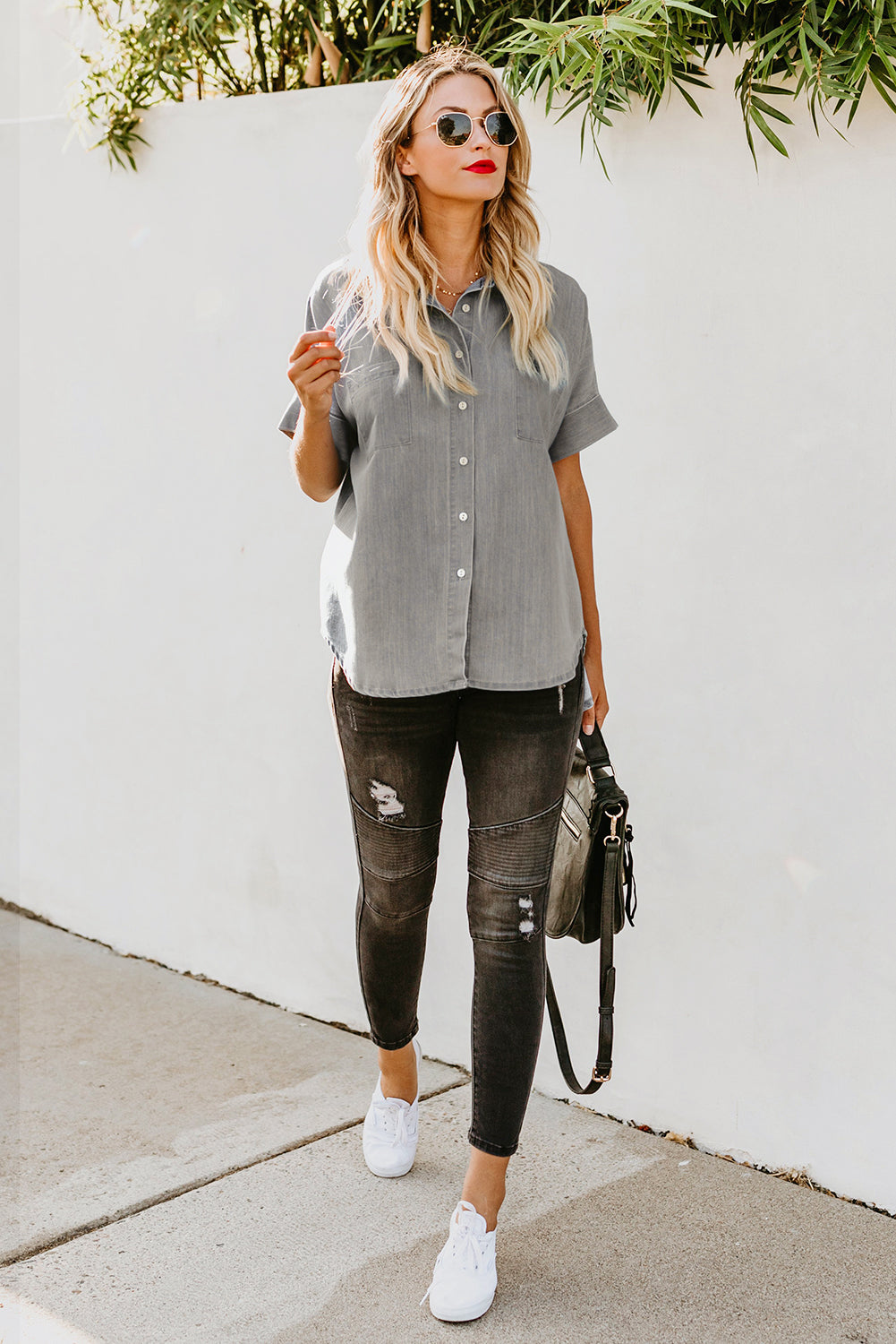 Chemise en jean à manches courtes et col rabattu 