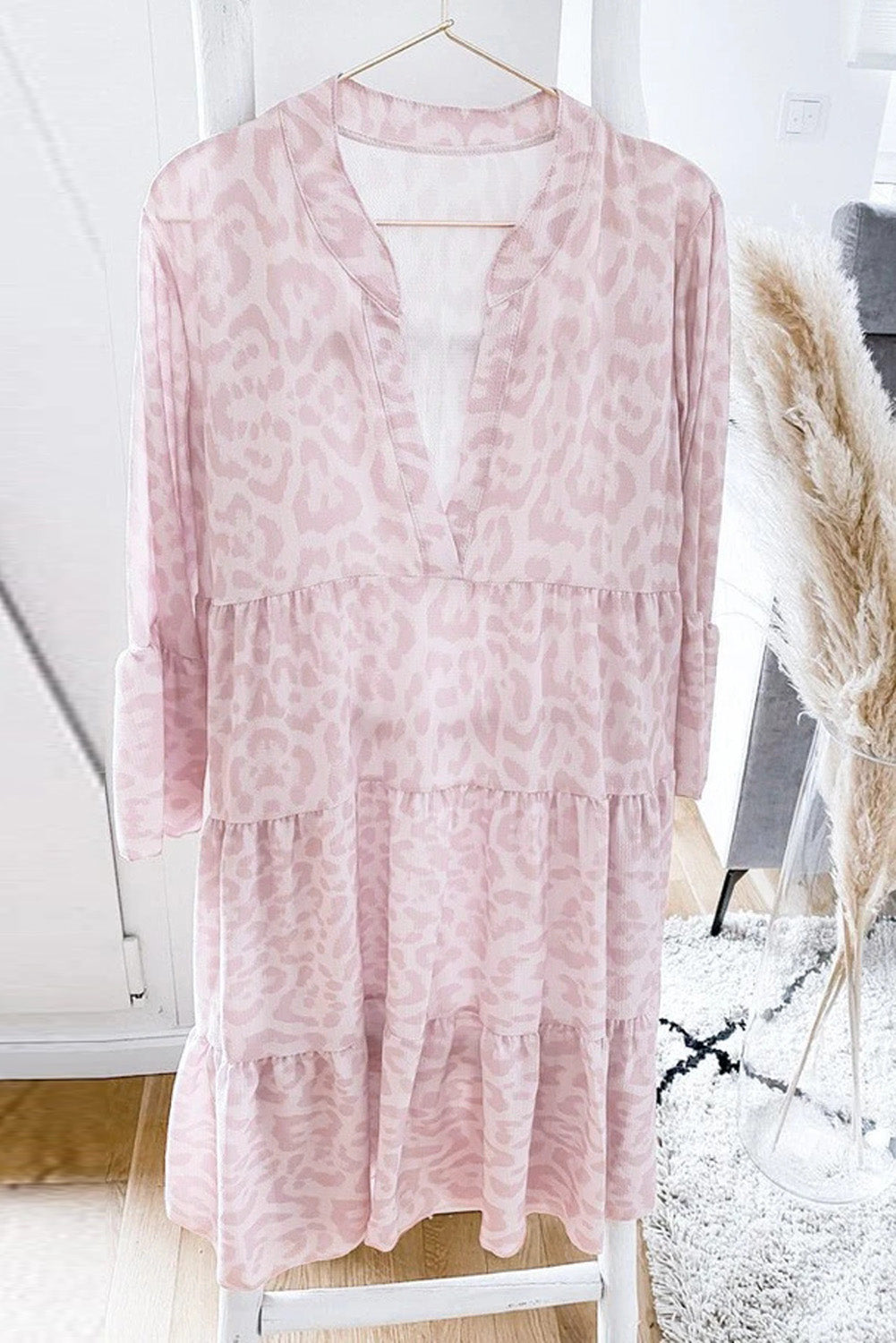 Print V neck Ruffle Swing Mini Dress