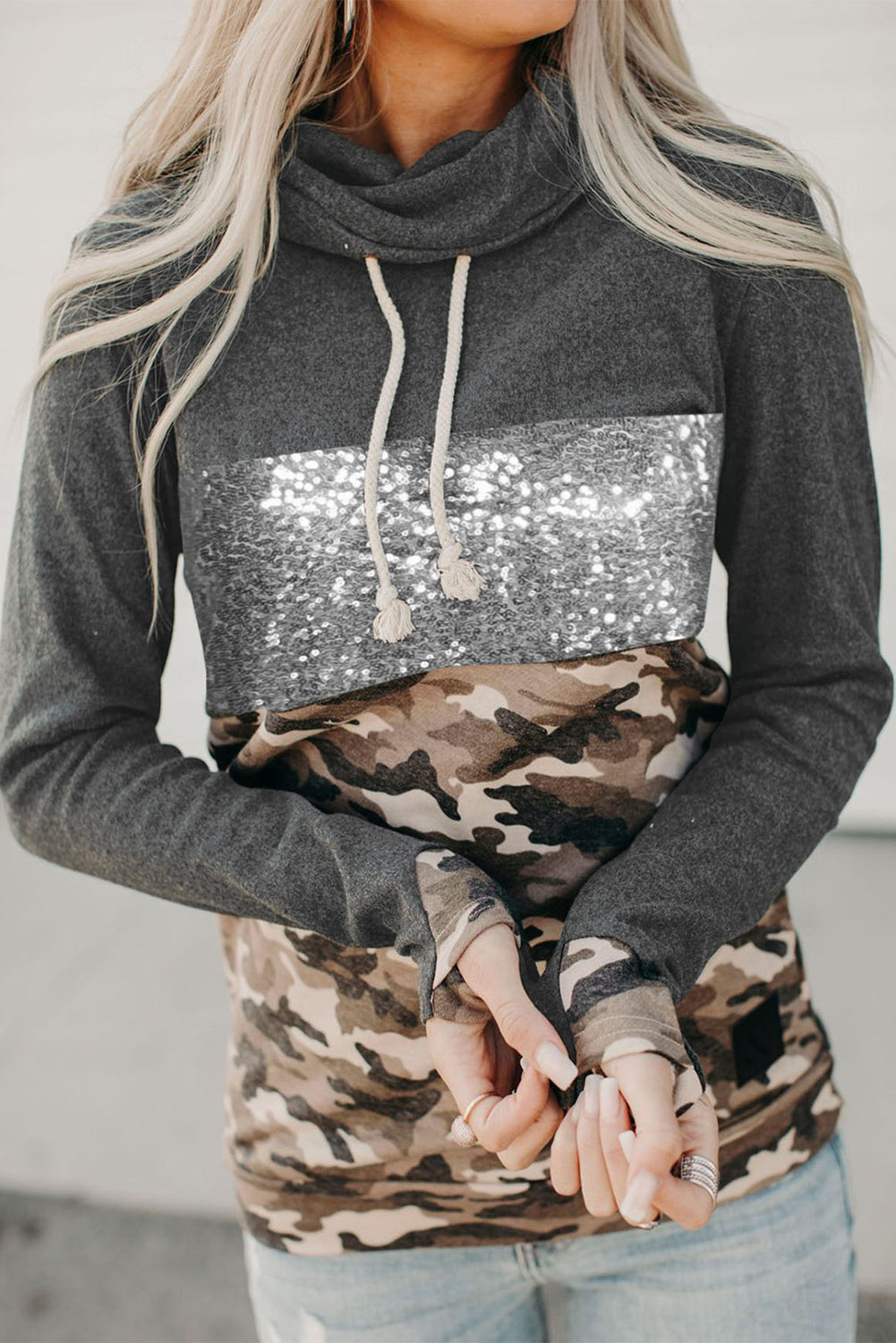 Cowl Neck Sequin Leopard Splicing Hoodie