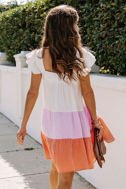 Multicolor Square Neck Triple Color Block Tiered Babydoll Dress