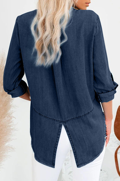 Chemise en jean à manches longues et ourlet effiloché 
