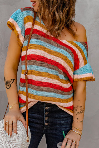 Top de punto de manga corta con volantes a rayas multicolor