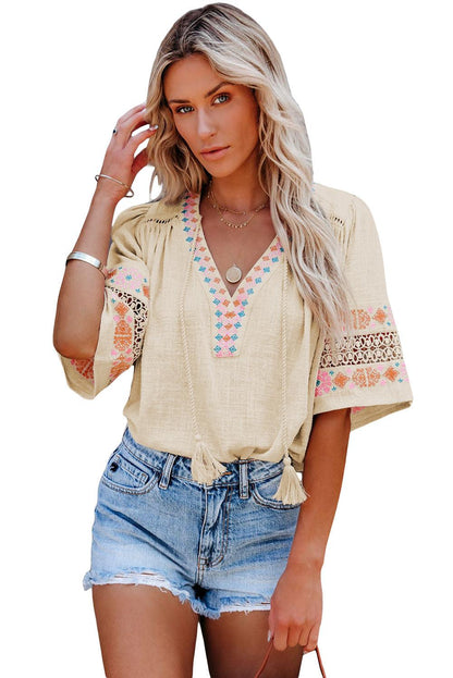 Beige Tassel Drawstring Embroidered Half Sleeve V Neck Top - HannaBanna Clothing