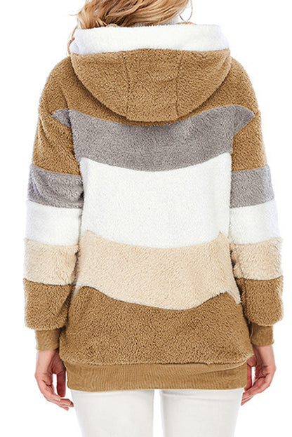 Abrigo sherpa con cremallera y bloques de color rojo vino con capucha 