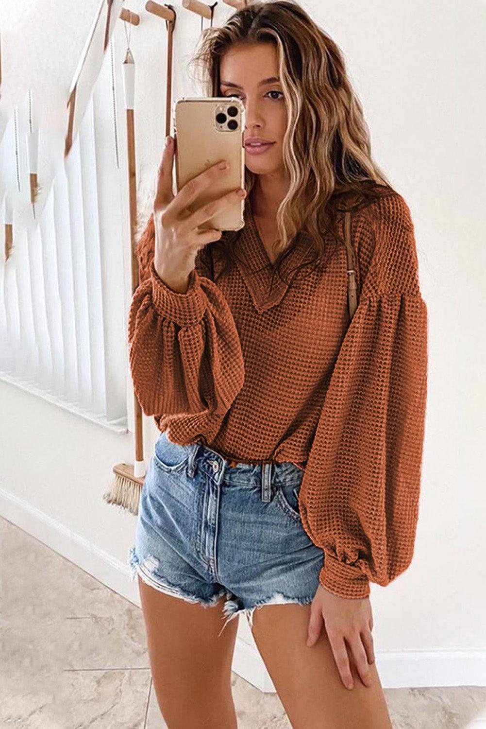 Billowed Sleeve Thermal Knit Top - HannaBanna Clothing