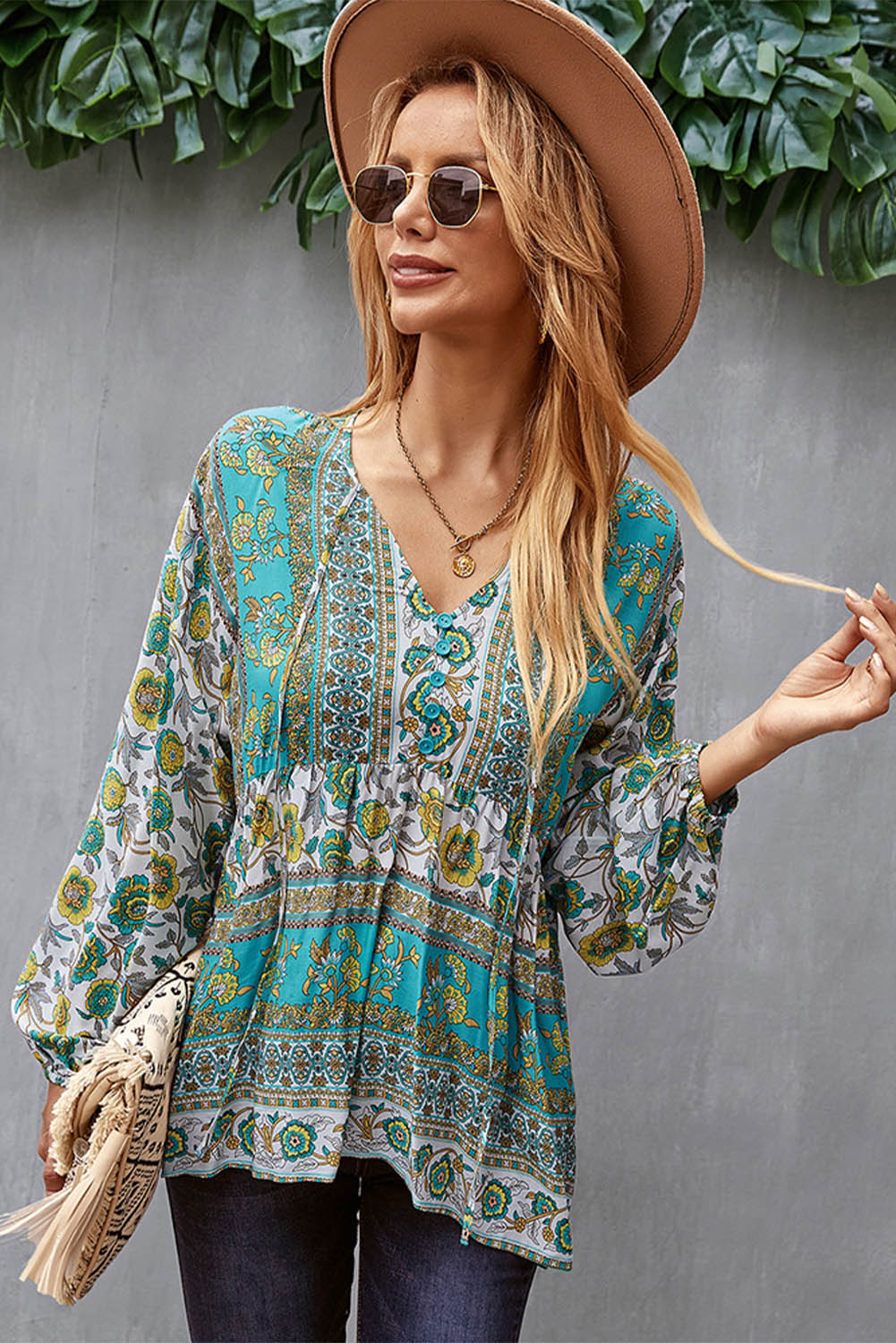 Floral Print Loose Drawstring V Neck Blouse