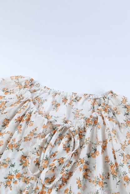 Floral Print Drawstring Long Bell Sleeve Blouse