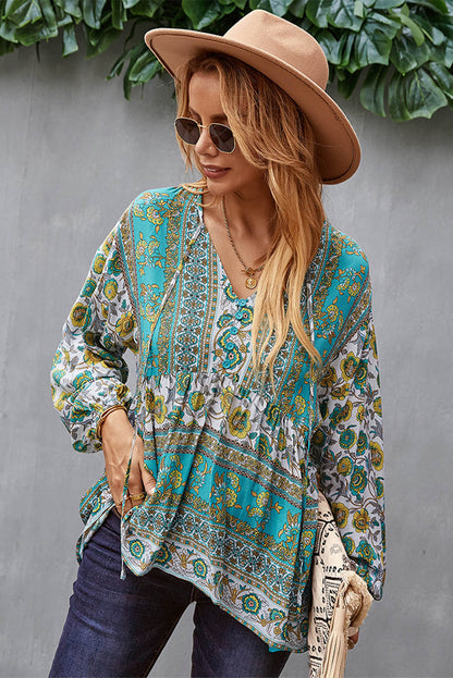 Floral Print Loose Drawstring V Neck Blouse